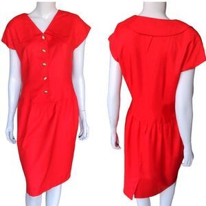 Charter Club Petites Red Linen Dress Sz10 Short Sleeve Career‎ Dress Gold Button